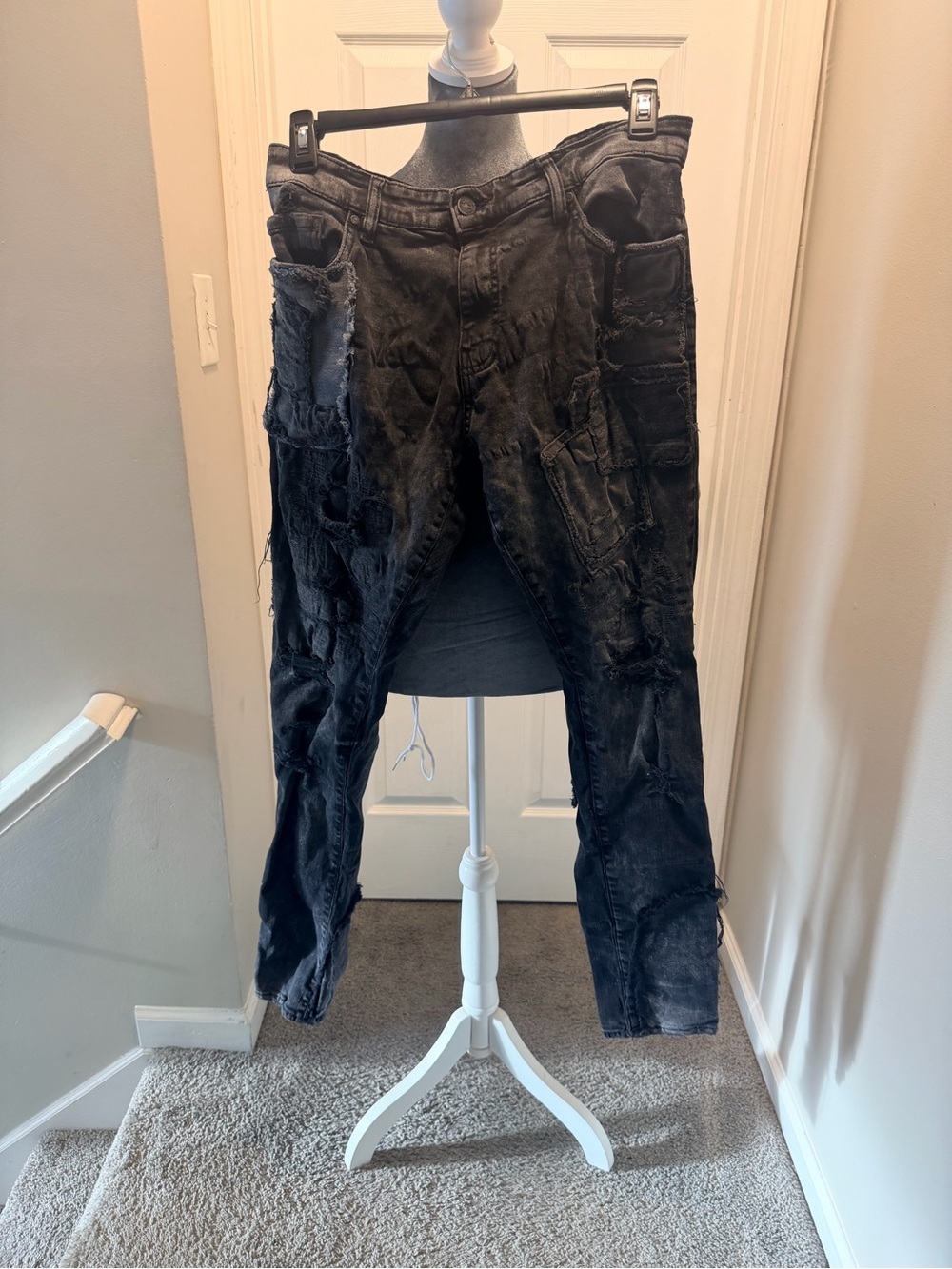 Men's Slim Straight Black Patchwork Jeans